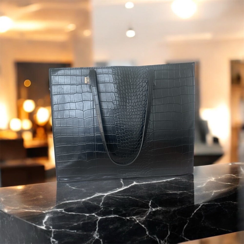 BEIS Black Croc-Embossed Tote Bag